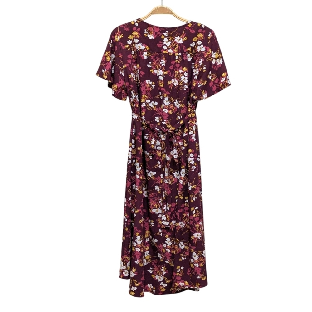 Isabel Maternity Burgundy Floral Tie Waist Flutter Short Sleeve Dress Medium - Picture 2 of 6